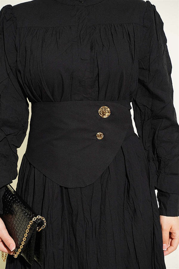 Buttoned Asymmetric Belted Wrinkle Dress Black