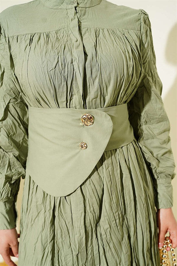 Buttoned Asymmetric Belted Wrinkled Dress in Mint Green