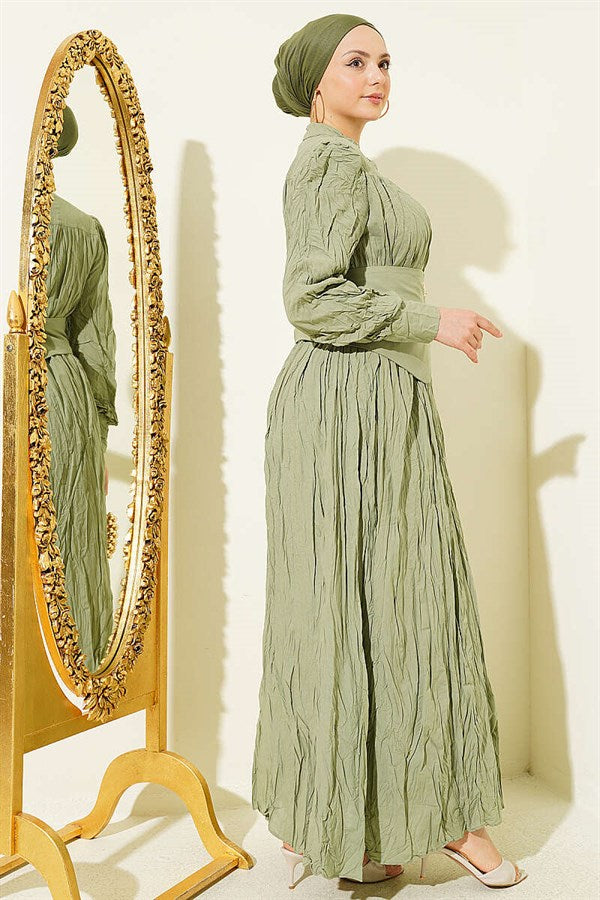 Buttoned Asymmetric Belted Wrinkled Dress in Mint Green