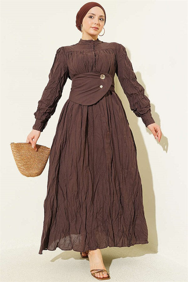 Buttoned Asymmetric Belted Wrinkled Dress in Brown
