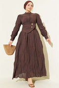 Buttoned Asymmetric Belted Wrinkled Dress in Brown