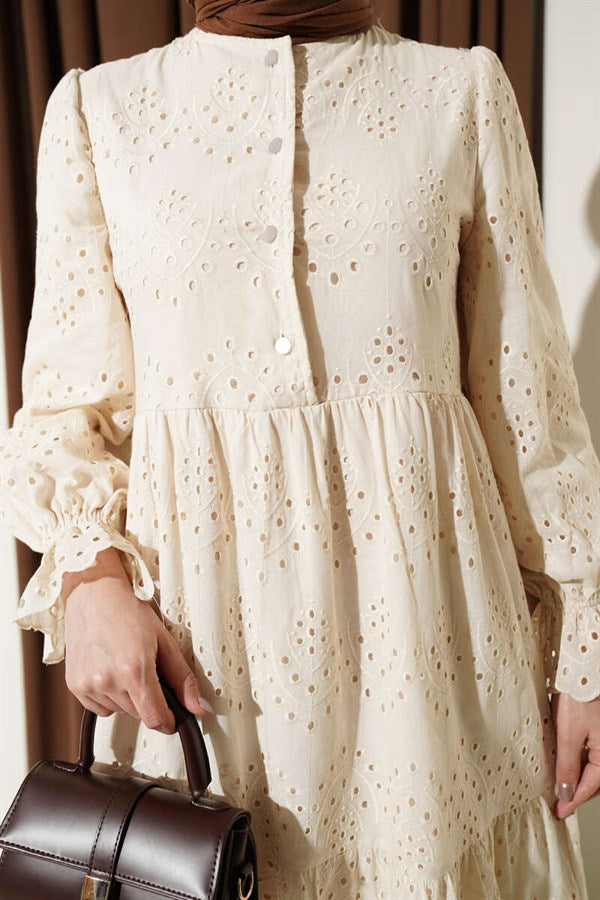 Buttoned Embroidered Dress with Elasticated Ankles, Beige