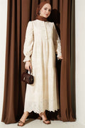Buttoned Embroidered Dress with Elasticated Ankles, Beige