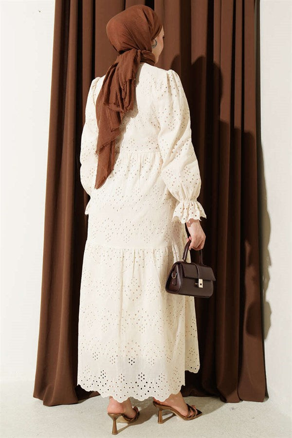 Buttoned Embroidered Dress with Elasticated Ankles, Beige