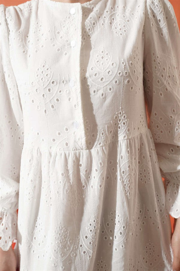 Buttoned Embroidered Dress with Elasticated Ankles, White