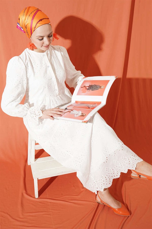 Buttoned Embroidered Dress with Elasticated Ankles, White