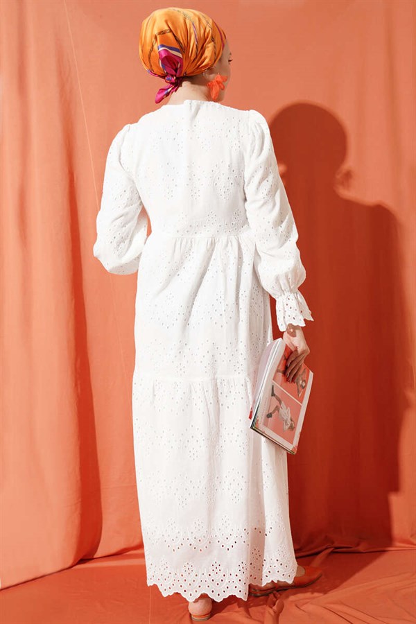 Buttoned Embroidered Dress with Elasticated Ankles, White