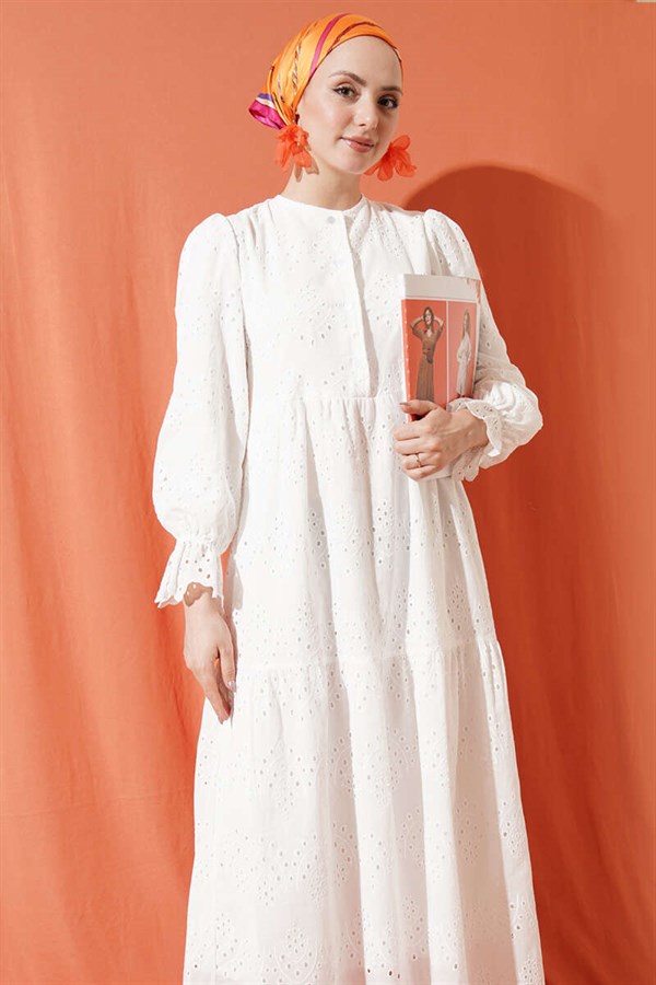 Buttoned Embroidered Dress with Elasticated Ankles, White