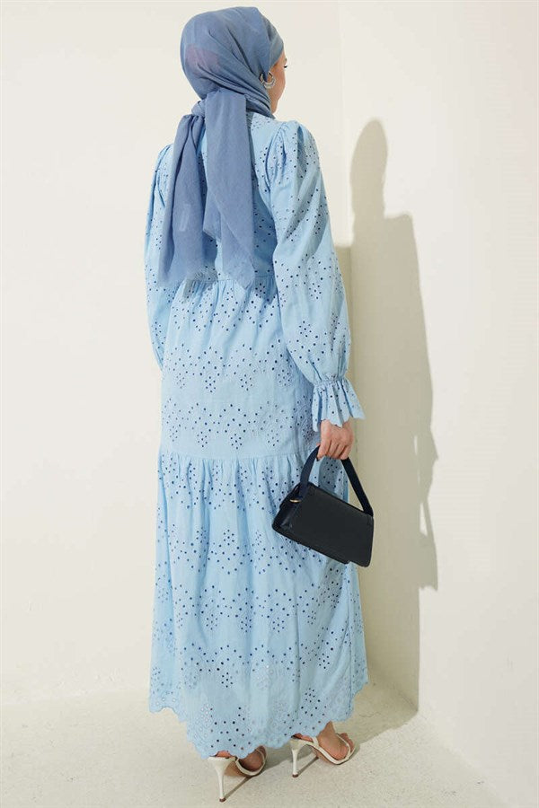 Buttoned Embroidered Dress with Elasticated Ankles, Blue