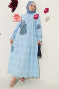 Buttoned Embroidered Dress with Elasticated Ankles, Blue
