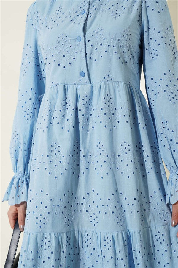 Buttoned Embroidered Dress with Elasticated Ankles, Blue