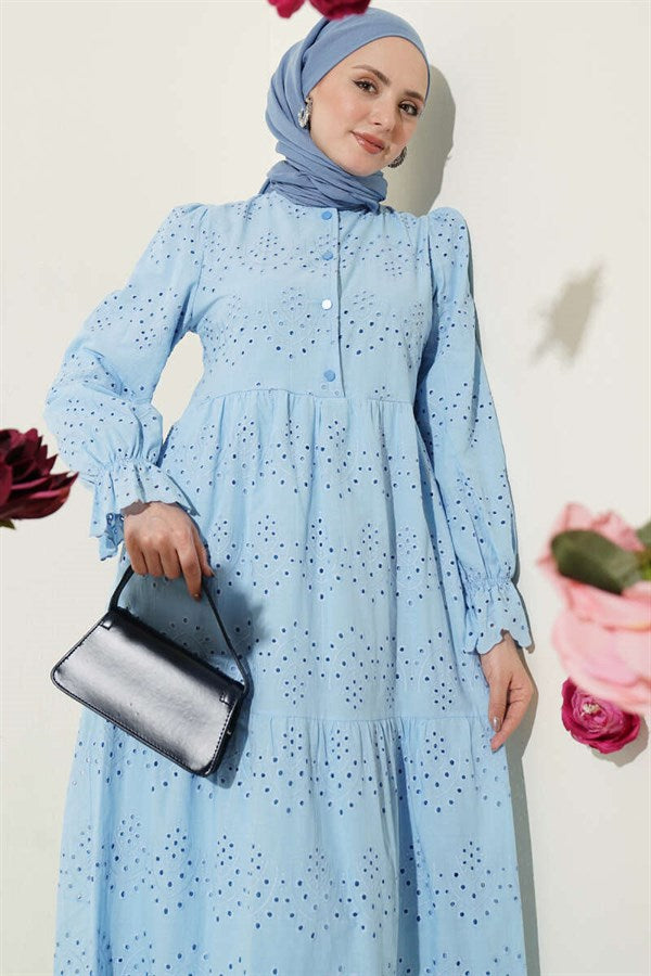Buttoned Embroidered Dress with Elasticated Ankles, Blue