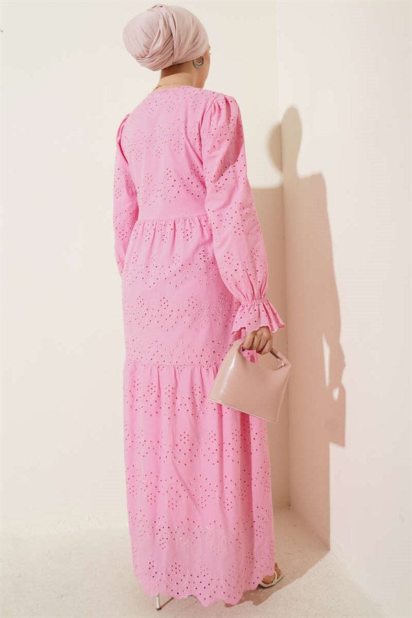 Buttoned Embroidered Dress with Elasticated Ankles, Pink