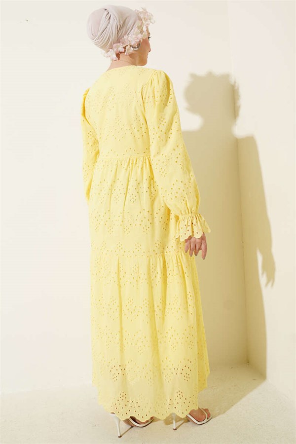 Buttoned Embroidered Dress with Elasticated Ankles, Yellow