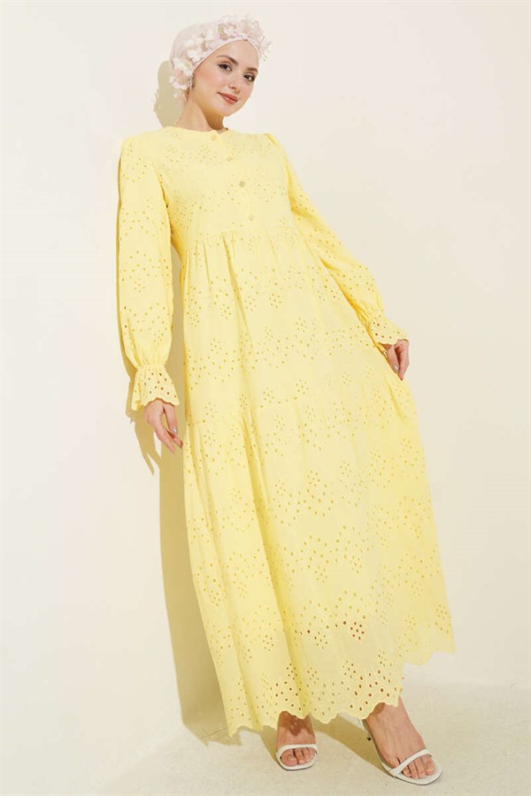 Buttoned Embroidered Dress with Elasticated Ankles, Yellow