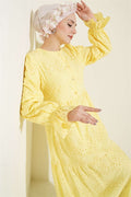 Buttoned Embroidered Dress with Elasticated Ankles, Yellow