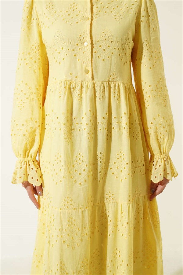 Buttoned Embroidered Dress with Elasticated Ankles, Yellow