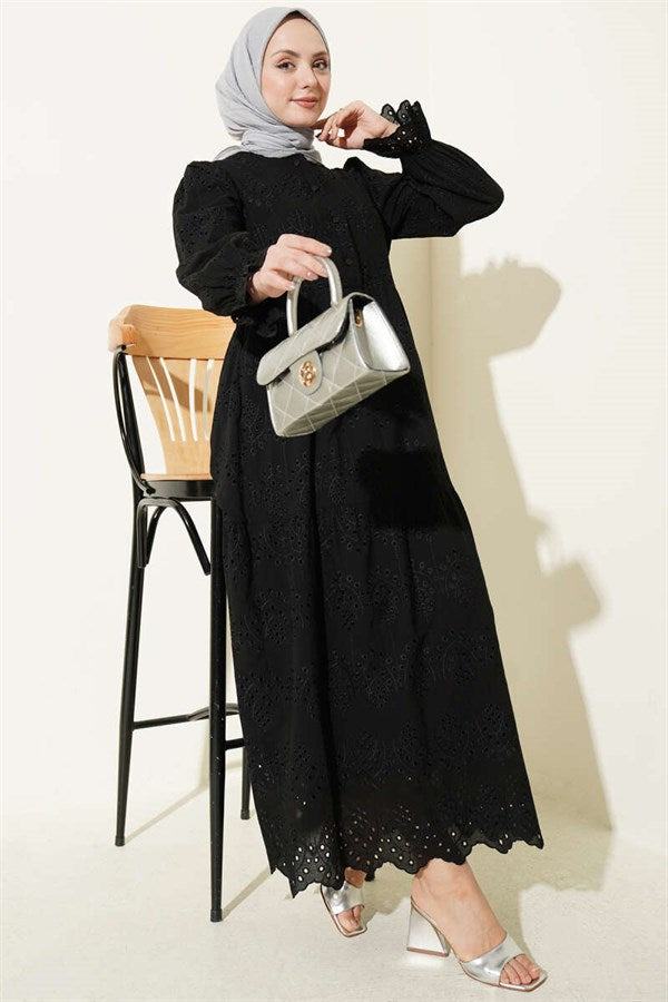 Buttoned Embroidered Dress with Elasticated Ankles, Black