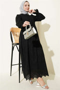 Buttoned Embroidered Dress with Elasticated Ankles, Black