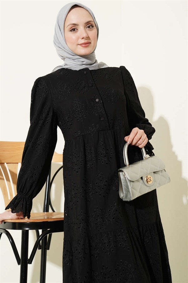 Buttoned Embroidered Dress with Elasticated Ankles, Black