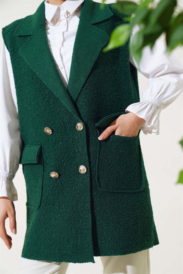 Buttoned Pocket Boucle Vest Emerald