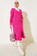 Long Knitted Cardigan with Buttons and Pockets, Fuchsia