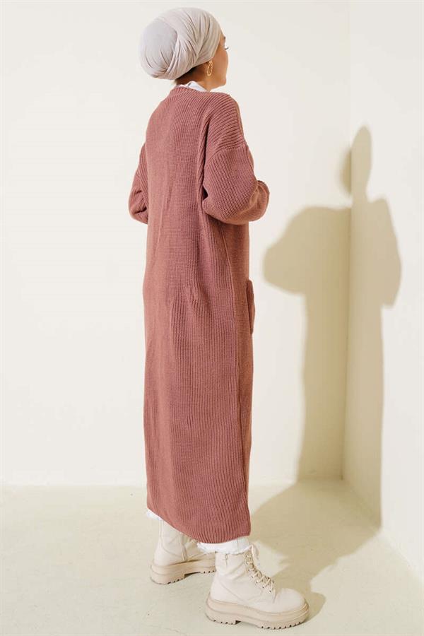 Long Knitted Cardigan with Buttons and Pockets, Dusty Rose