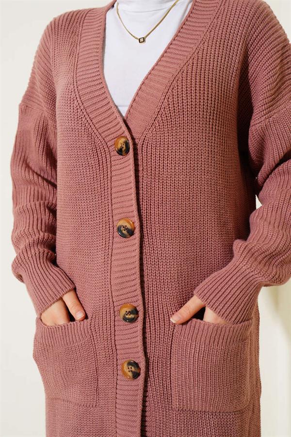 Long Knitted Cardigan with Buttons and Pockets, Dusty Rose