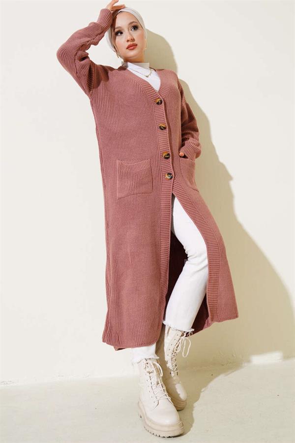 Long Knitted Cardigan with Buttons and Pockets, Dusty Rose