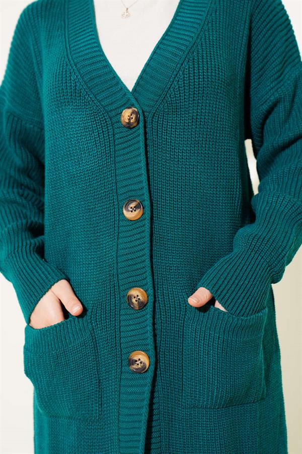 Buttoned Pocket Long Knitted Cardigan Emerald