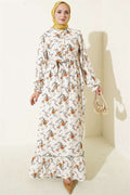 Buttoned Floral Pattern Dress Beige