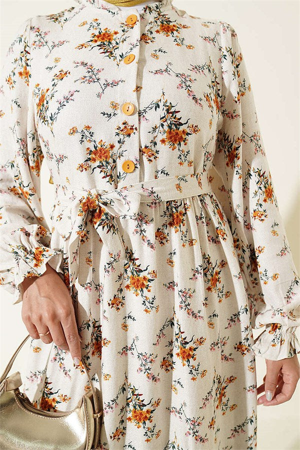Buttoned Floral Pattern Dress Beige