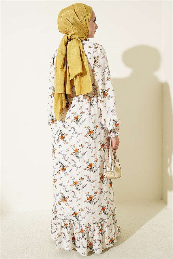 Buttoned Floral Pattern Dress Beige