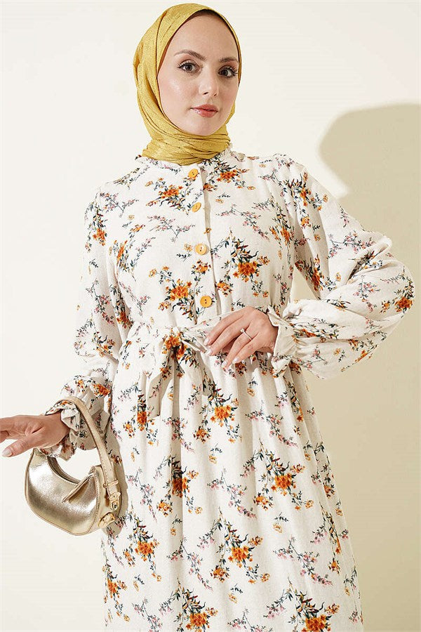 Buttoned Floral Pattern Dress Beige