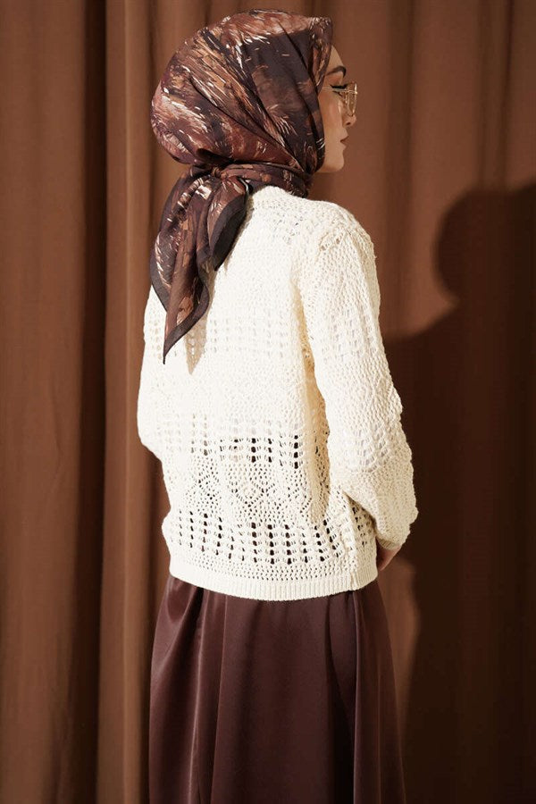 Buttoned Openwork Short Cardigan, Beige