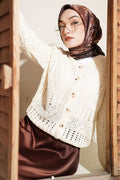 Buttoned Openwork Short Cardigan, Beige