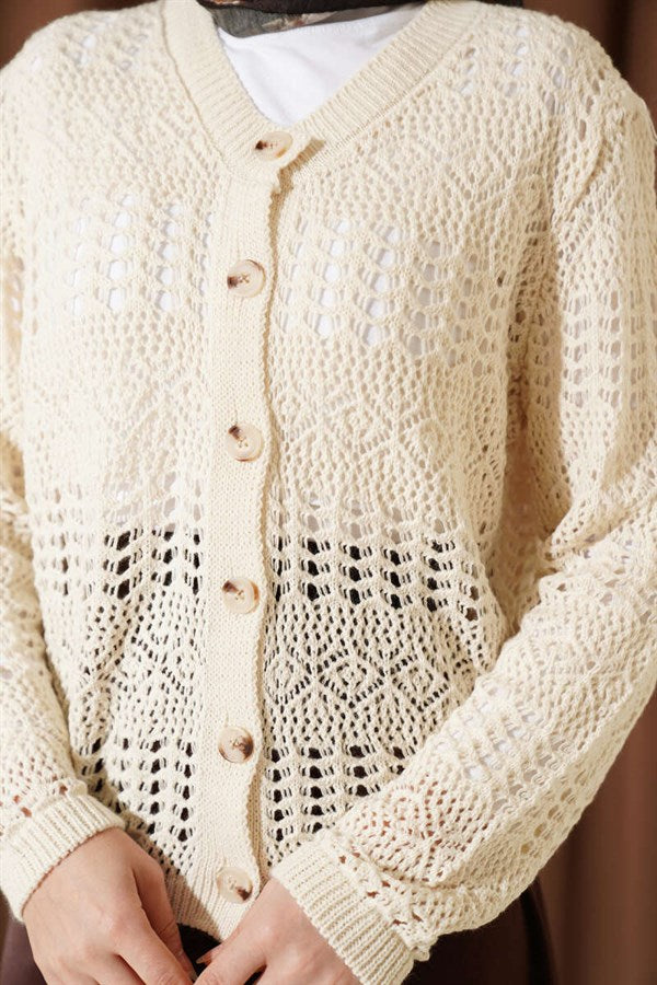 Buttoned Openwork Short Cardigan, Beige