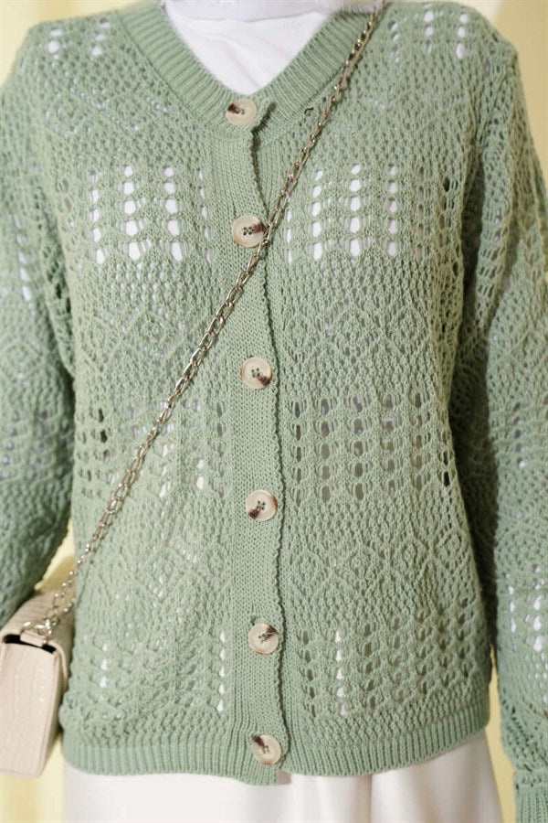 Buttoned, Openwork Patterned Short Cardigan, Mint