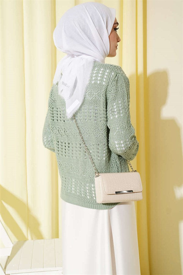 Buttoned, Openwork Patterned Short Cardigan, Mint