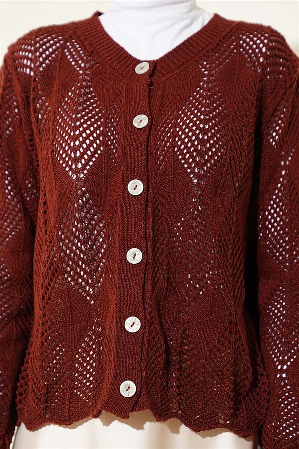 Buttoned Patterned Knit Short Openwork Cardigan, Terracotta