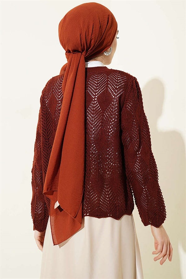 Buttoned Patterned Knit Short Openwork Cardigan, Terracotta
