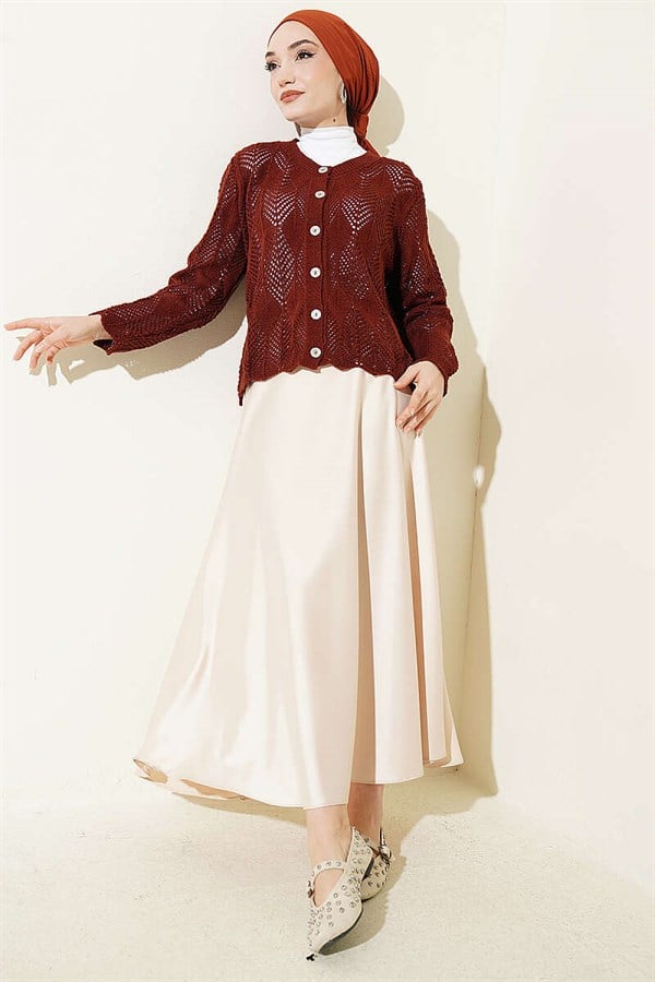 Buttoned Patterned Knit Short Openwork Cardigan, Terracotta