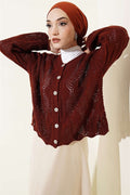 Buttoned Patterned Knit Short Openwork Cardigan, Terracotta