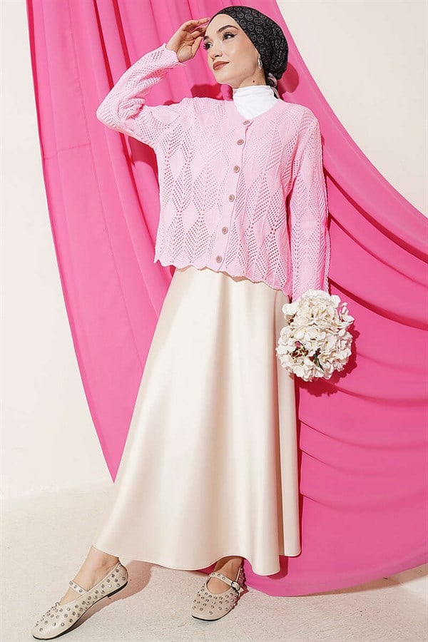 Buttoned Patterned Knit Short Openwork Cardigan Pink