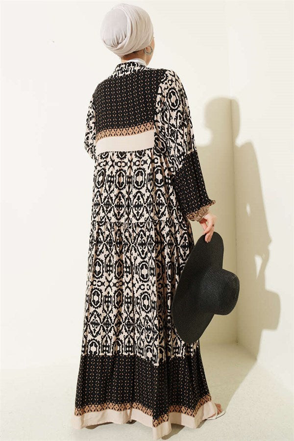 Buttoned Ethnic Patterned Layered Dress, Beige