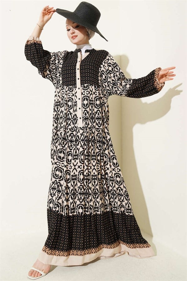 Buttoned Ethnic Patterned Layered Dress, Beige