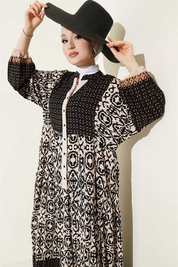 Buttoned Ethnic Patterned Layered Dress, Beige