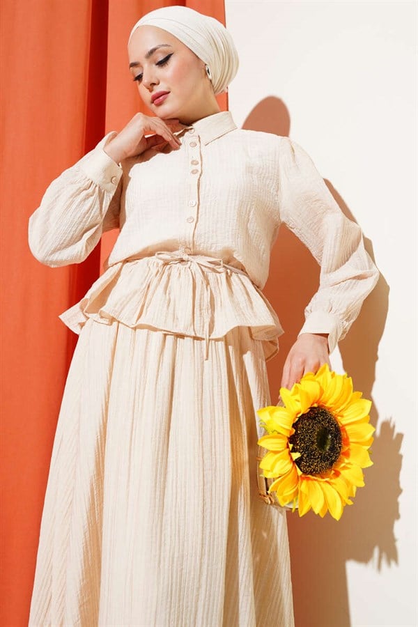 Buttoned Ruffled Skirt 2 Piece Set, Beige