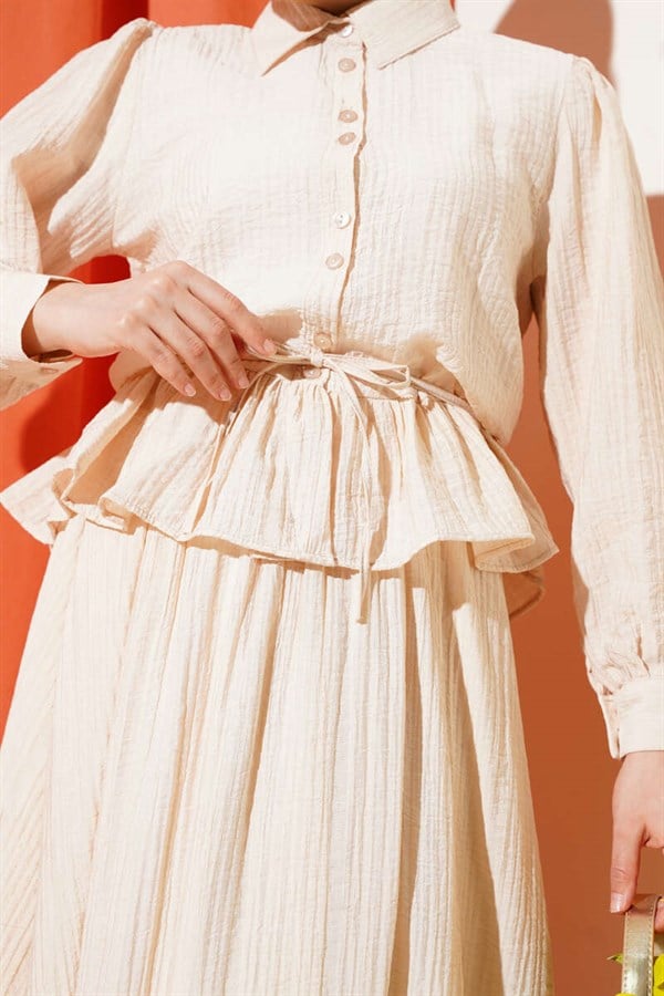 Buttoned Ruffled Skirt 2 Piece Set, Beige