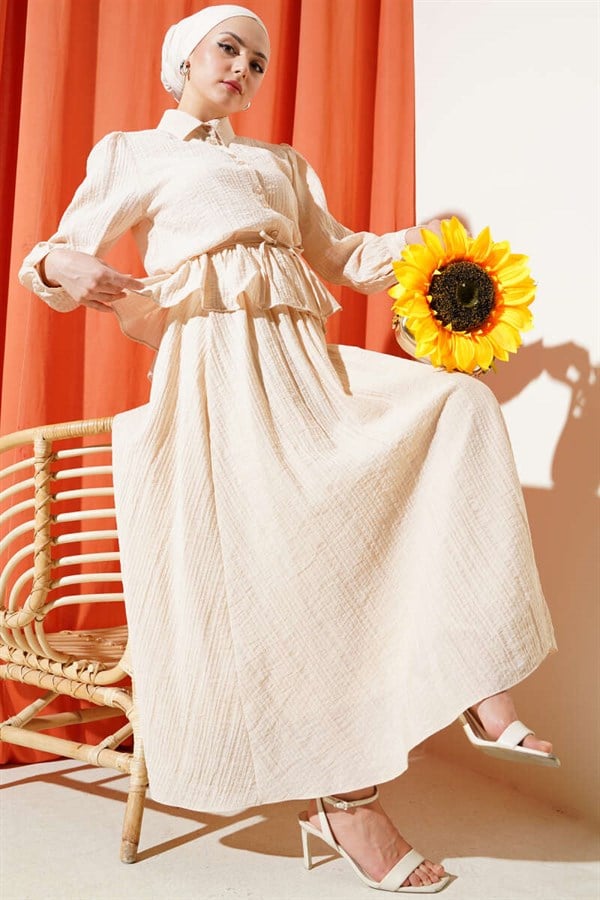 Buttoned Ruffled Skirt 2 Piece Set, Beige